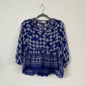 Kate Spade blue/white patterned 3/4 sleeve blouse